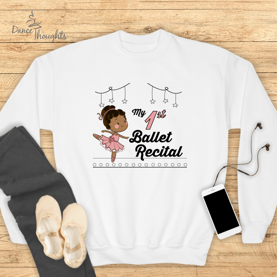 KIDS My First Ballet Recital (dark skin/brown hair) Sweatshirt-Kids clothes-Dance Thoughts